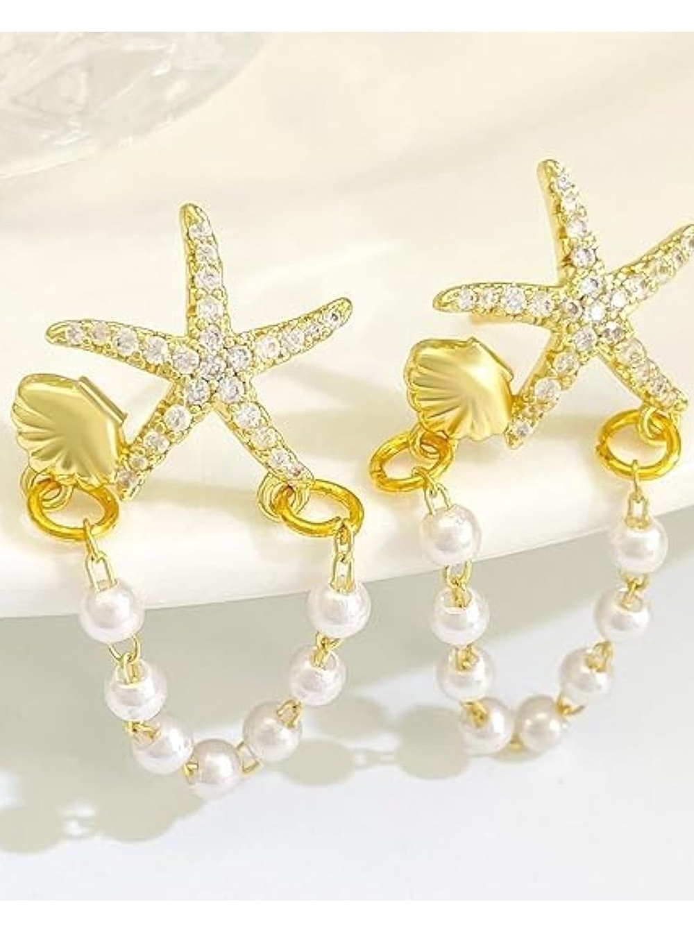 Anthropologie Gold Crystal Starfish & Pearl Chain Drop Earrings